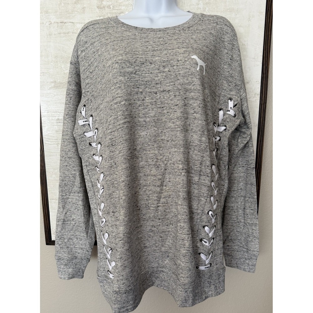 Victoria's Secret PINK Gray Sweatshirt w/Side Laces Size Small Dog Logo NEW TAGS - Picture 1 of 7